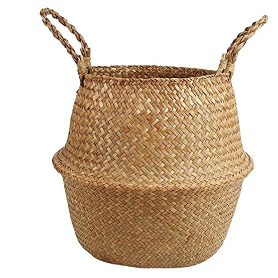 Natural Seagrass Storage Basket with Handle Foldable Woven Belly Basket Flower Plant Basket for Storage Laundry Picnic Plant Pot Cover Living Room Decoration