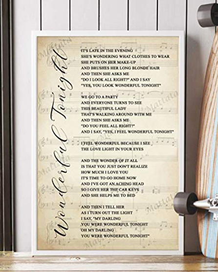 Mattata Decor Gift - Wonderful Tonight Song Lyrics Sheet Music Portrait Poster Print -12" x 18"-
