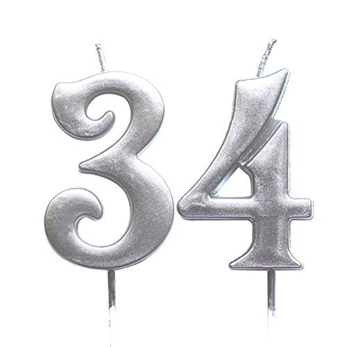 MAGJUCHE Silver 34th Birthday Numeral Candle Number 34 Cake Topper Candles Party Decoration for Women or Men