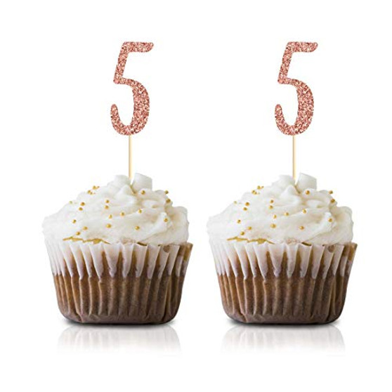 Rose Gold 5th Birthday Cupcake Topper 24-Pack Number 5 Glitter Happy Birthday Party Cupcake Toppers Decorations