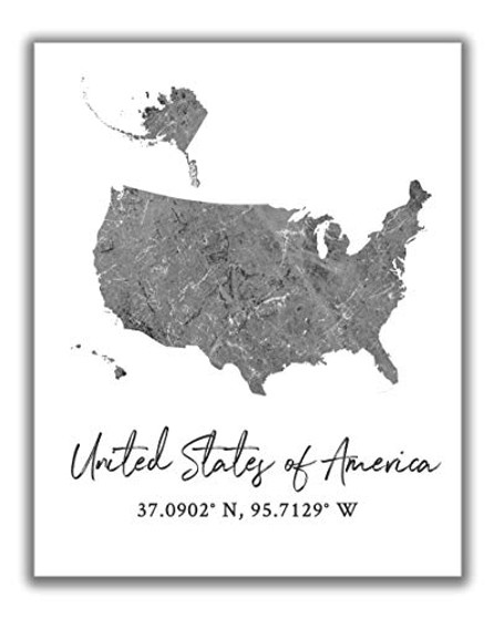 United States of America Map Wall Art Print - 8x10 Silhouette Decor Print with Coordinates. Makes a Great USA-Themed Gift. Shades of Grey Black  and  White.