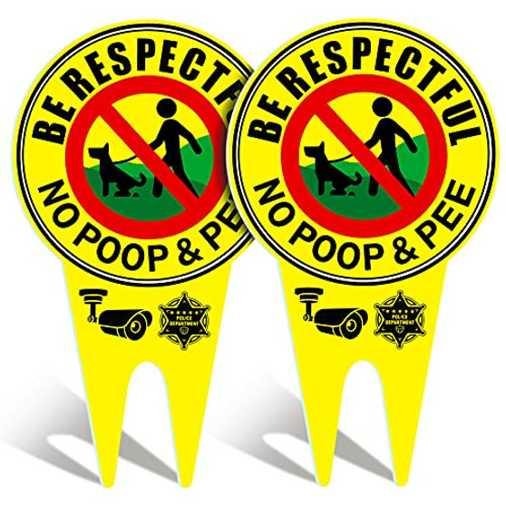 2 Pieces No Poop Dog Signs No Poop and Pee Sign Luminous Be Respectful Sign Yard Dog Sign with Stake Glow in The Dark Dog Signs for Yard Garden -Yellow-