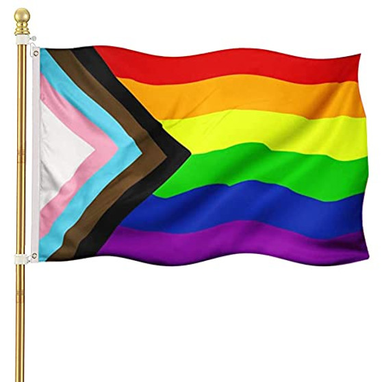 Progress Pride Rainbow Flag 3x5 Outdoor All Inclusive Pride 100D Bisexual Vivid Color LGBTQ Community Non Binary Gay Pride Lesbian Flags