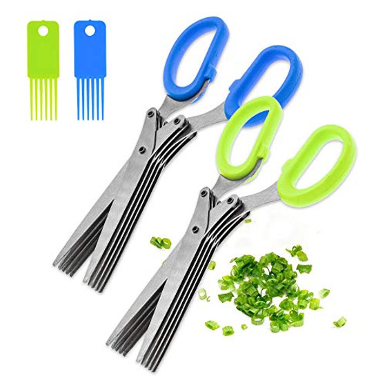 2PCS Stainless Steel Herb Scissors with 5 Blades Multipurpose Kitchen Cutting Shearring Mincer Tool with Cleaning Comb Ideal Garden Gadgets for Shredding Vegetables Paper Basil Parsley Cilantro