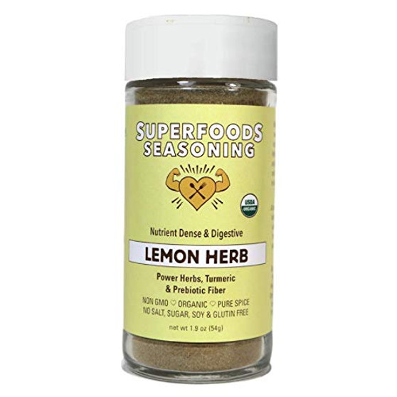 Superfoods Seasoning - Lemon Herb - Organic Pre-biotic Fiber Bio Available Turmeric Based - Nutritionally Dense  and  Digestive - Keto Paleo  and  Plant-Based - 1.9 oz