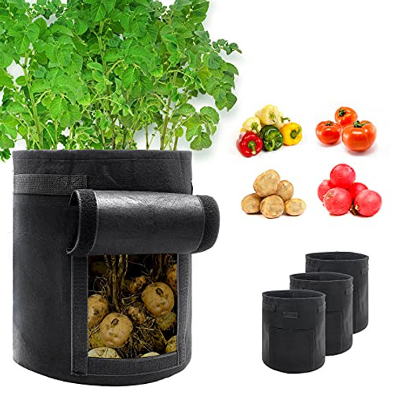 4-Pack 10 Gallon Potato Grow Bags Black Aeration Fabric Pots Vegetable Grow Bags Breathable Nonwoven Cloth for Potato Plant Container with Handles