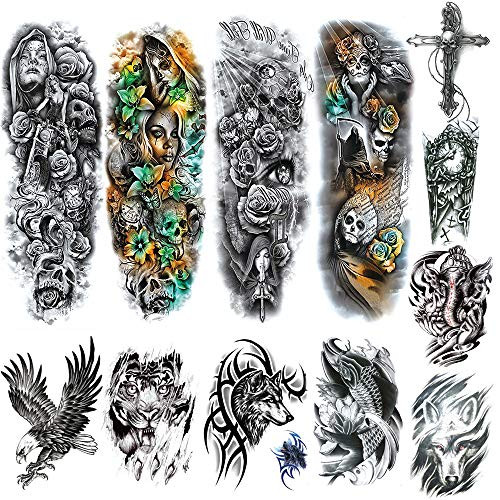 12 Sheets Waterproof Temporary Tattoos including 4 Sheets Large Fake Full Arm Temporary Tattoos and 8 Sheets Body Chest Shoulder Semi-Permanent Tattoos for Man Women.