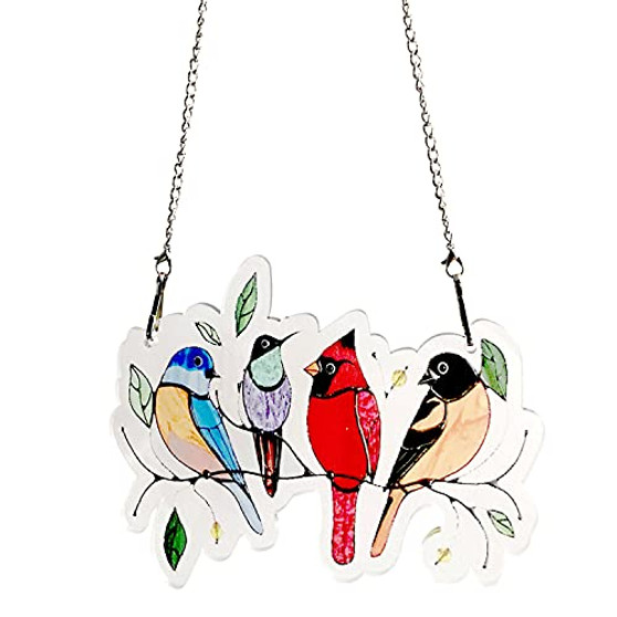 Multicolor Birds on a Wire High Stained Glass Suncatcher Window Panel, Stained Window Hangings Bird Series Ornaments Pendant for Home Window Decoration, , Gifts for Bird Lover -Type2-