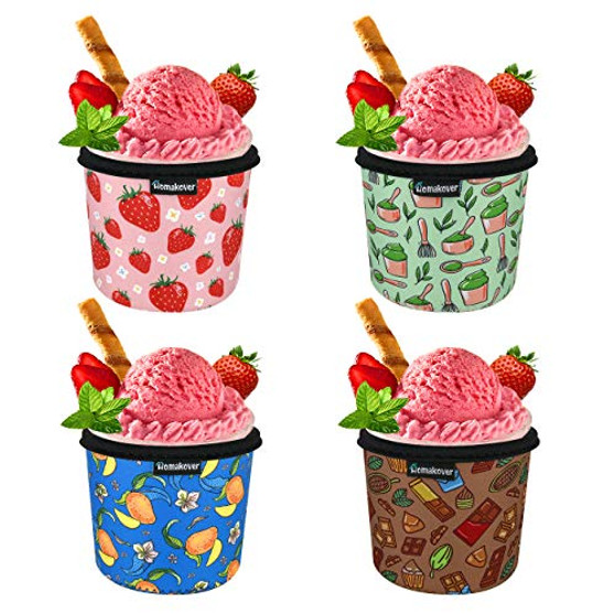 4 Pack Ice Cream Pint Size Ice Cream Sleeves Neoprene Cover with Spoon Holder Cover -Taste-