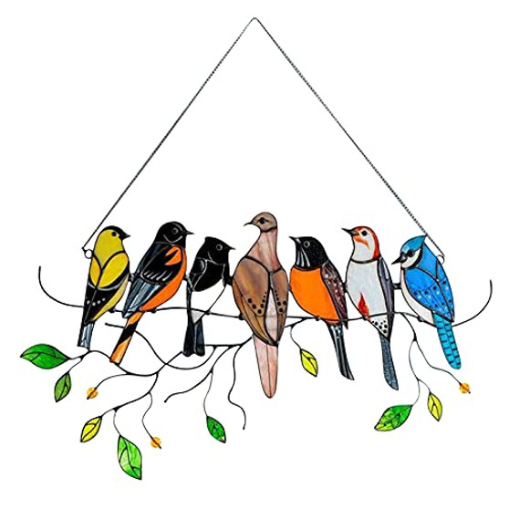 DIIQII Multicolor Birds on a Wire High Stained Acrylic Suncatcher Window Panel, Bird Series Ornaments Pendant Window Hangings for Home Decoration, Gifts for Bird Lovers -7 Birds-