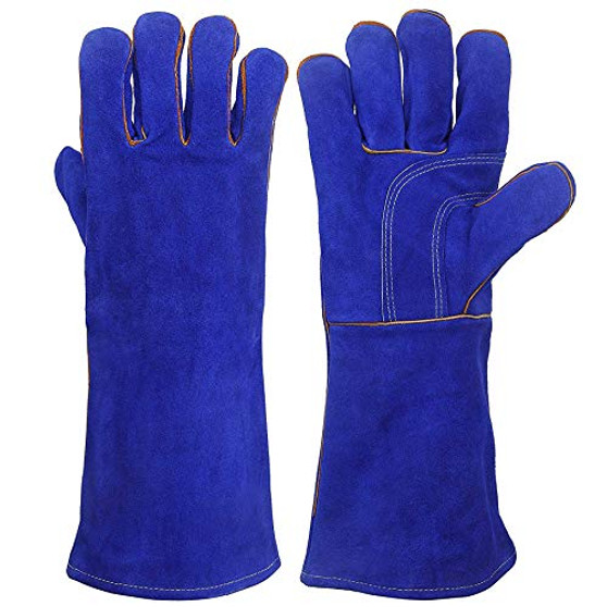 KIM YUAN Extreme Heat-Fire Resistant Gloves Leather with Kevlar Stitching Mitts Perfect for Welding-Oven-Grill-BBQ-Mig-Fireplace-Stove-Pot Holder-Tig Welder-Animal Handling Black-Grey -16in-b-