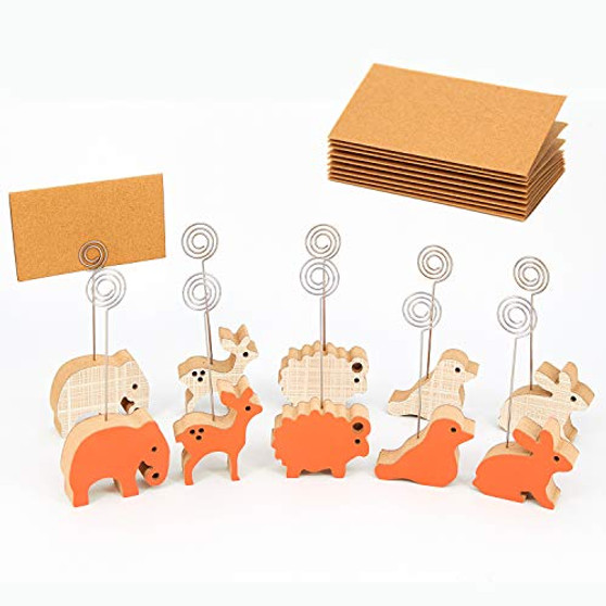 10 Pcs Wood Place Card Holders with Swirl WireWooden Animals Memo Holder Stand and 20Pcs Kraft Table Place CardsCard Photo Picture Note Clip Holders for Wedding Party Table Number Name Sign