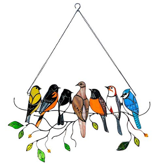 Dsxnklnd Multicolor Birds on a Wire Glass Window Pendant Home Decor Multicolor Birds Stained Glass Suncatcher Ornaments Hanging Pendant Decoration for for Bird Lovers