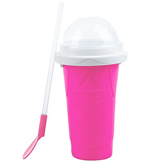 Vanproo Slushie Maker Cup, Portable Silicone Magic Quick Frozen Smoothies Cup with 2 in 1 Straw and Spoon for Kids Family DIY Homemade Ice Cream -Pink-