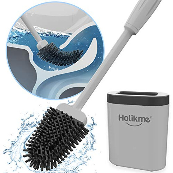 Holikme Toilet Brush and Holder Set for Bathroom, Silicone Toilet Bowl Brush with Non-Slip Long Plastic Handle, Bendable Brush Head to Clean Toilet Corner Easily, Gray