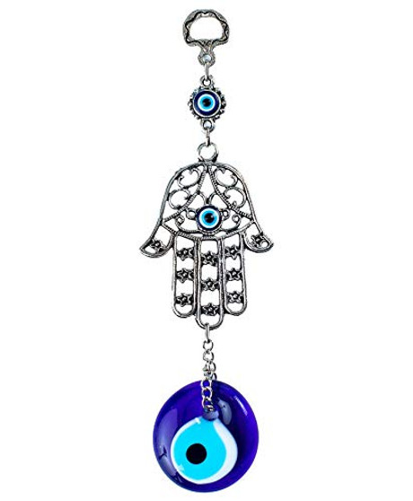 Demiwares Evil Eye Protection Charm, Hamsa Fatima Holy Hand with Evil Eye Glass, Metal Wall Hanging Home Decor for Good Luck and Blessings, Handmade Turkish Ornament