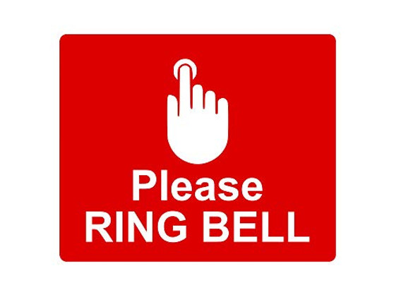 Please Ring Bell Sign Adhesive Sticker Notice RED Engraved with Universal Icon Symbol and Text -Size 5" x 4"- -Red-