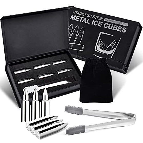 Whiskey Stones Gift Set-6 Pcs Stainless Steel Bullet Shaped Reusable Ice Cubes Whiskey Chilling Stones with Gift BoxFathers Day Birthday Gifts for Dad Men Husband Grandpa from Daughter or Son