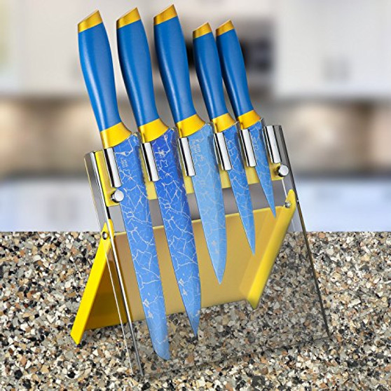 Chef's Star 6 Piece Kitchen Knife Set Blue Titanium and Damascus Blade Includes Chef Knife Bread Knife Carving Knife Paring Knife Utility Knife  and  Acrylic Knife Block