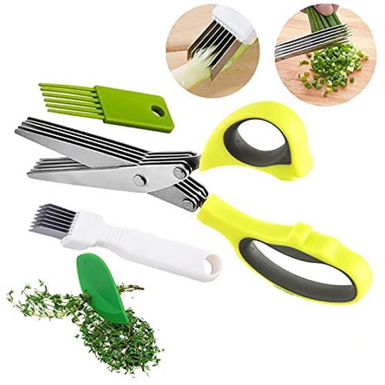 Herb Scissors Set - Multipurpose Cutting Shears with 5 Stainless Steel Blades For Cutting Shredded Lettuce Cilantro Fresh Green Onion Fresh and etc Cutter-Chopper-Mincer for Herbs - Kitchen Gadget