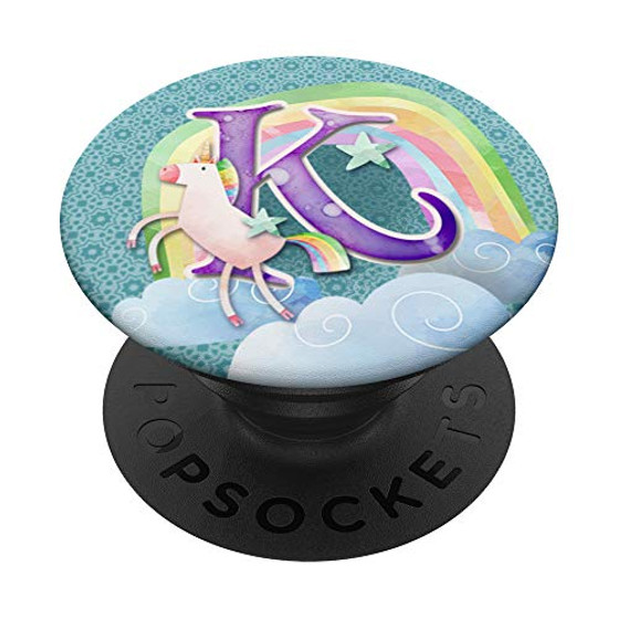 Letter K Unicorn Rainbow Birthday Gift Girls Women Monogram PopSockets PopGrip- Swappable Grip for Phones  and  Tablets