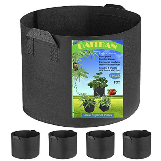 DAITBAN Plant Grow Bags 5-Pack 10 Gallon Heavy Duty Aeration Fabric Pots Thickened Nonwoven with Strap Handles for Garden and Planting Vegetable Flower