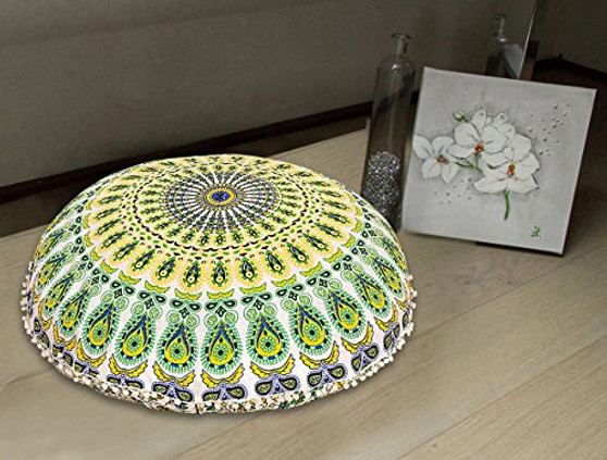 flyingasedgle Indian Large Round Pillow Cover Decorative Mandala Pillow Sham Indian Bohemian Ottoman Poufs Pom Pom Pillow Cases Outdoor Cushion Cover -Yellow White 32" inches Round-