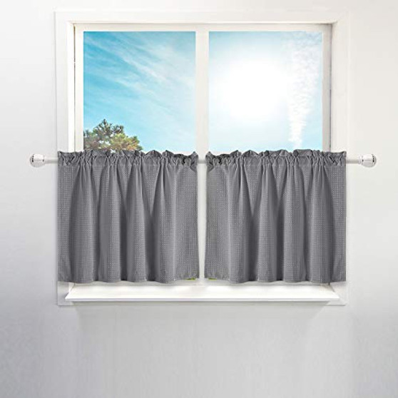 Waffle Weave Half Window Tier Curtains- 24 Inch Short Length for Small Window in Kitchen  and  Bathroom Waterproof and Washable - Gray 36"x24" for Each Panel Set of 2