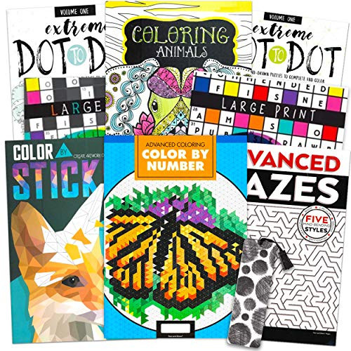 Activity Books for Adults Seniors Teens Super Set ~ 8 Advanced Activity Books Filled with Mazes Puzzles Crosswords Color By Number Connect the Dots and Coloring Activities -Over 400 Pages Total-