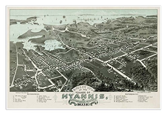 Antiguos Maps - The Village of Hyannis Map Birds Eye View Circa 1884 - Measures 24 in x 36 in -610 mm x 915 mm-