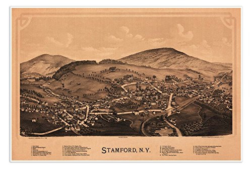 Antiguos Maps - Stamford, New York Birds Eye View Map Circa 1890 - Measures 24 in x 36 in -610 mm x 915 mm-