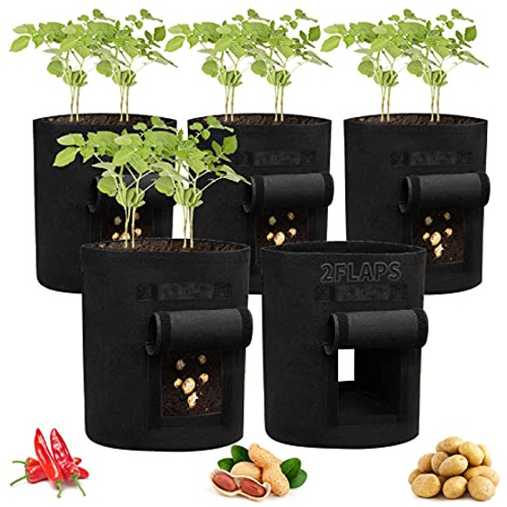 Potato Grow Bags 5 Pack 7Gallon Planter Bag with 2 Access Flaps Garden Bags for Vegetable Flower Fabric Planting Pots with Sturdy Handles Potato Planter Bag Breathable Nonwoven Growing Bags Planting