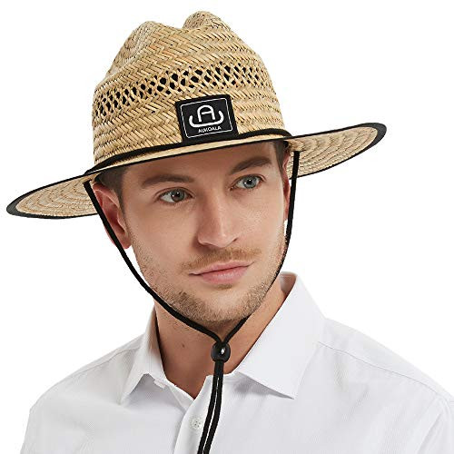 Straw Hats for Men Sun ProtectionMen's Straw Beach Hat for SummerClassic Wide Brim Lifeguard Sun Straw Hat UPF 50 plus