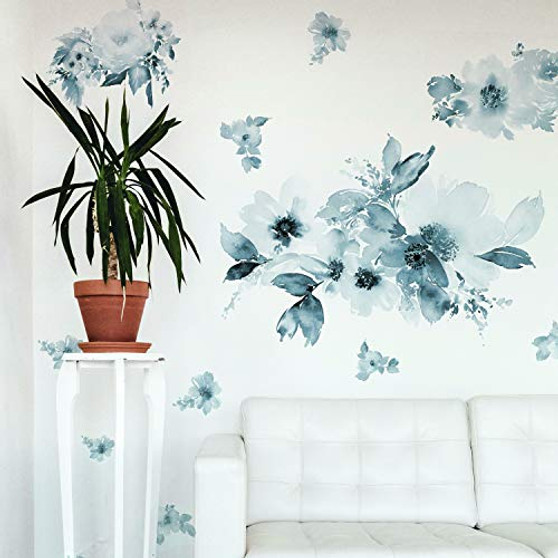 RoomMates RMK4708GM Watercolor Floral Peel and Stick Wall Decals Blue