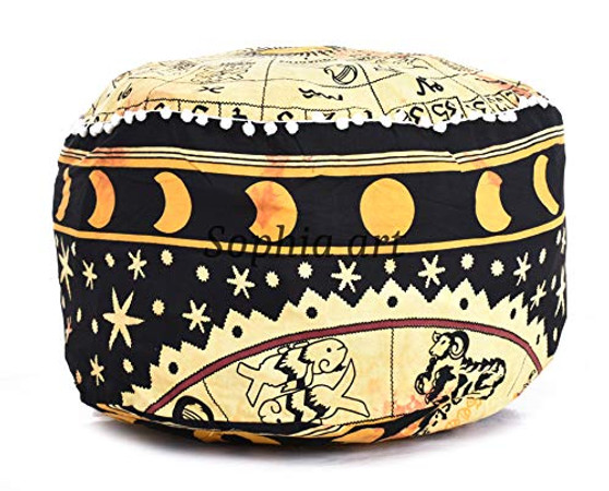 GANESHAM Indian Mandala Tapestry Bohemian Pouf Ottoman Handmade Pouf Cover, Seating Pouf Floor Cotton Cushion Cover Living Room Decor Boho Decorative Round Foot Stool -Cover Only-