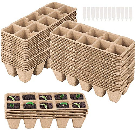 Seed Starter Tray, HAKZEON 40 PCS Premium Cells Seed Starter Trays Kit Biodegradable Pulp Peat Seedling Pots Starting Sprouting with Hole Greenhouse Supplies Includes 400 Pack White Markers