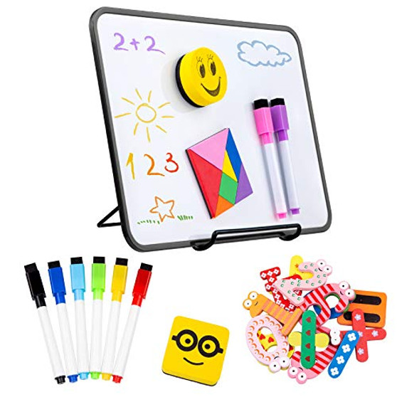 Desktop Whiteboard Dry Erase Double Sided Lapboard Handheld 9X12 White Board Set with Holder Magnetic Numbers Erasers Markers for Toddler Personal