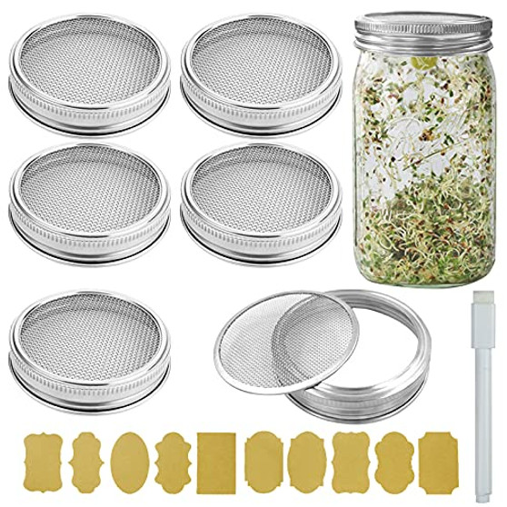 6 Pack Sprouting lids - Stainless Steel Sprouting Jar Strainer for Wide Mouth Mason Jars - Lid Germination Kit Sprouter Set for Growing Bean, Broccoli Seeds, Alfalfa, Salad -6 Lids, 12 Bands, 1 brush-