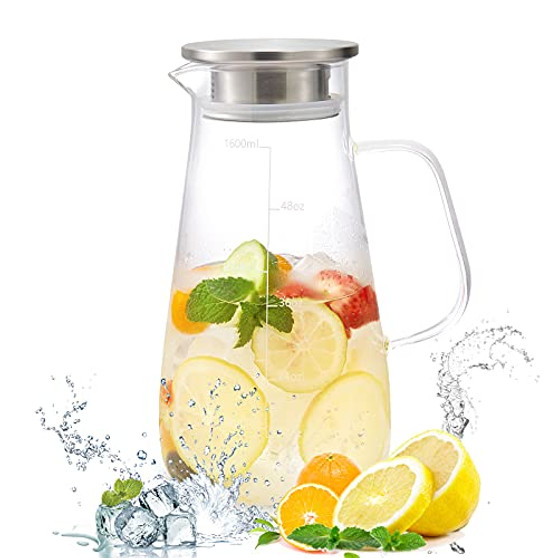 Glass Pitcher with Stainless Steel Lid Spout and Scale Line for Ice Tea  and  Juice 56oz-1600ml Water Jug with Handle for Lemonade Milk Cold or Hot Beverage Carafe Homemade Drinks Water Pitcher