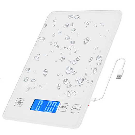 Digital Food Scale 10kg-22lb Kitchen Scale 1g-0.1oz Precise Graduation Waterproof Tempered Glass Platform High Accuracy Multi-Function Scale for Cooking Baking -White Battery Included-