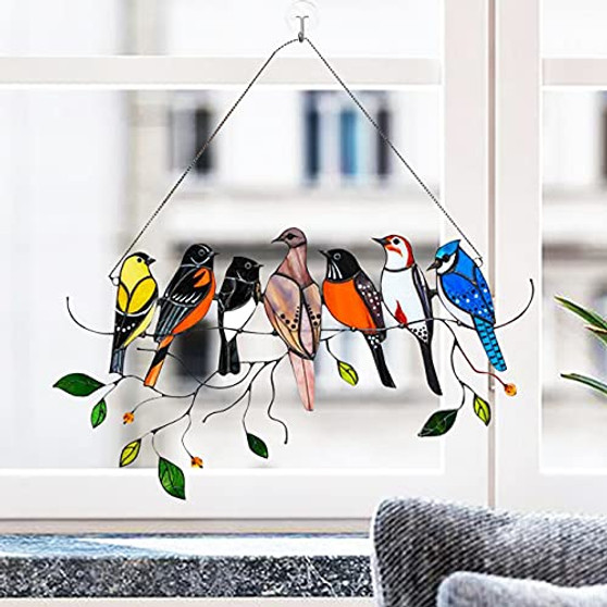 Stained Glass Birds Window Hangings, Multicolor Birds on a Wire High Stainglass Acrylic Suncatcher Window Panel, Bird Series Ornaments Pendant Hanging on Windows Home Decoration -7 Birds-