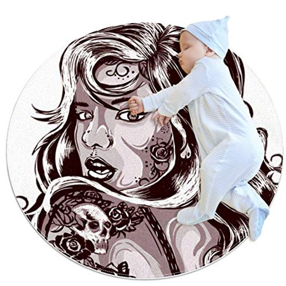 Kids Playmat Beautiful Woman Flowers Round Soft Modern Rugs for Floor Non-Slip for Room Decorations 31.5x31.5IN