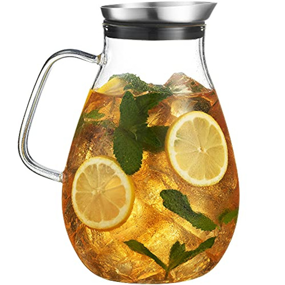 MITBAK 60- OZ Glass Pitcher With Stainless Steel Lid | Beautiful Lightweight Beverage Jug Carafe With A Wide Handle | Great For Cold  and  Hot Drinks Like Tea, Lemonade, Juice, Water, Coffee, Cold Brew