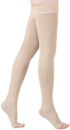 Thigh High Compression Stockings Toeless - Unisex Opaque KEKING 15-20mmHg Graduated Compression Leg Support Hose with Anti-Slip Silicone Band - Swelling Varicose Veins Edema Travel Beige Large