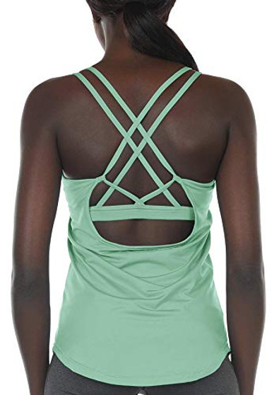 icyzone Workout Tank Tops Built in Bra - Women's Strappy Athletic Yoga Tops Running Exercise Gym Shirts -S Brook Green-