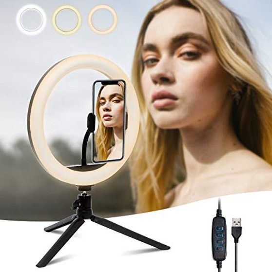 10" LED Ring Light with Adjustable Desk Tripod Stand and Phone Holder?3 Lighting Modes  and  10 Brightness Levels Dimmable Circle Light for Makeup-YouTube-Video-Conference-Live Streaming
