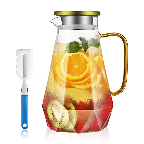 Glass Pitcher With Lid - 70 OZ Glass Water Pitcher with Handle, 18/8 Stainless Steel Iced Tea Pitcher, Easy Clean High Heat Resistance Glass Carafe For Hot/Cold Beverages, Iced Tea, Juice, Milk.