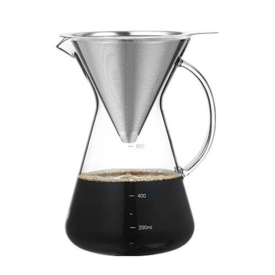 Stlend Pour Over Coffee Maker Set-4 cup Borosilicate Glass Carafe with Reusable Stainless Steel Paperless Filter-Dripper Manual Coffee Dripper for Home -21 oz-600 ml-