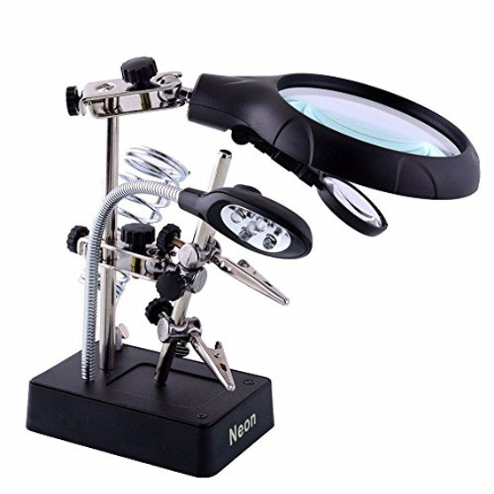 Neon 2.5X 7.5X 10X LED Light Magnifier  and  Desk Lamp Helping Hand Repair Clamp Alligator Auxiliary Clip Stand Desktop Magnifying Glasses