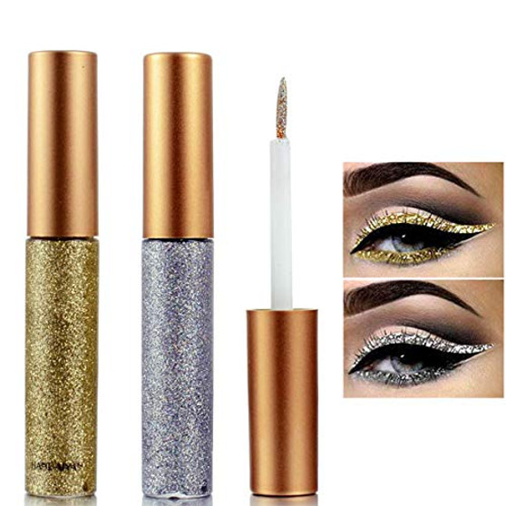 Hacaus 2PCS Liquid Eyeliner Glitter Liquid Eyeliner Metallic Shimmer Eyeshadow Long Lasting Waterproof Makeup Eyeliner Color Silver Gold